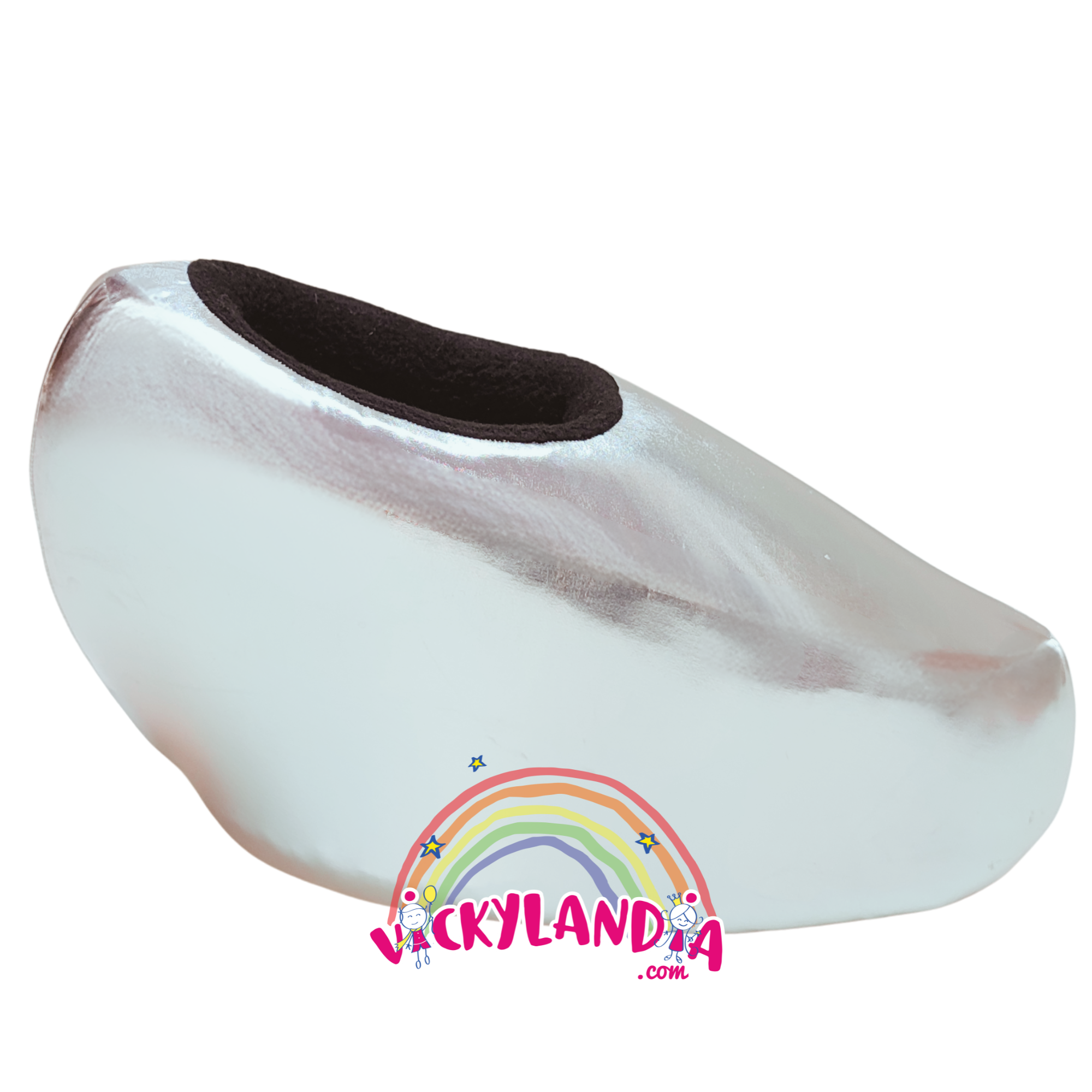 Zapatos metalizados plata acolchados con diseño brillante, perfectos para disfraces cabezones tipo princesa o personaje mágico