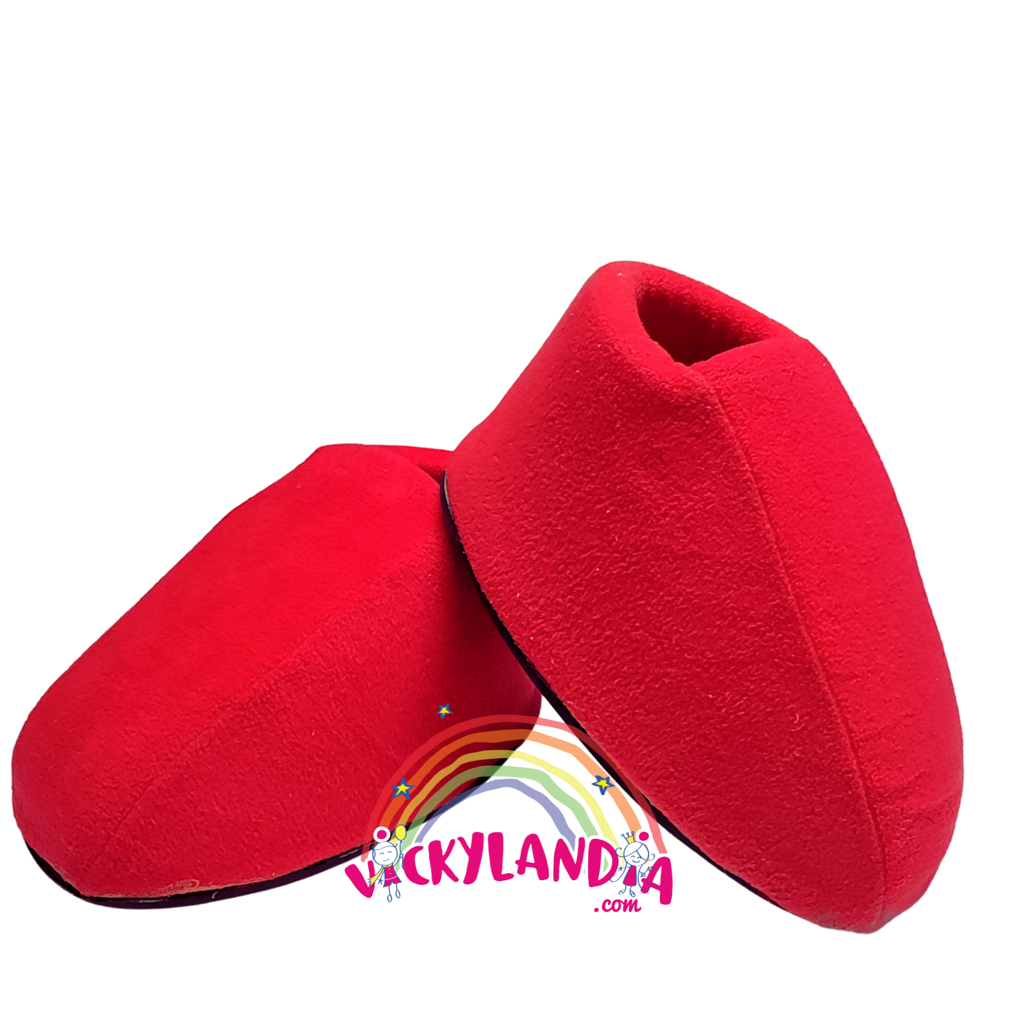 Zapatos rojos acolchados con diseño infantil, ideales para personajes cabezones y mascotas animadas