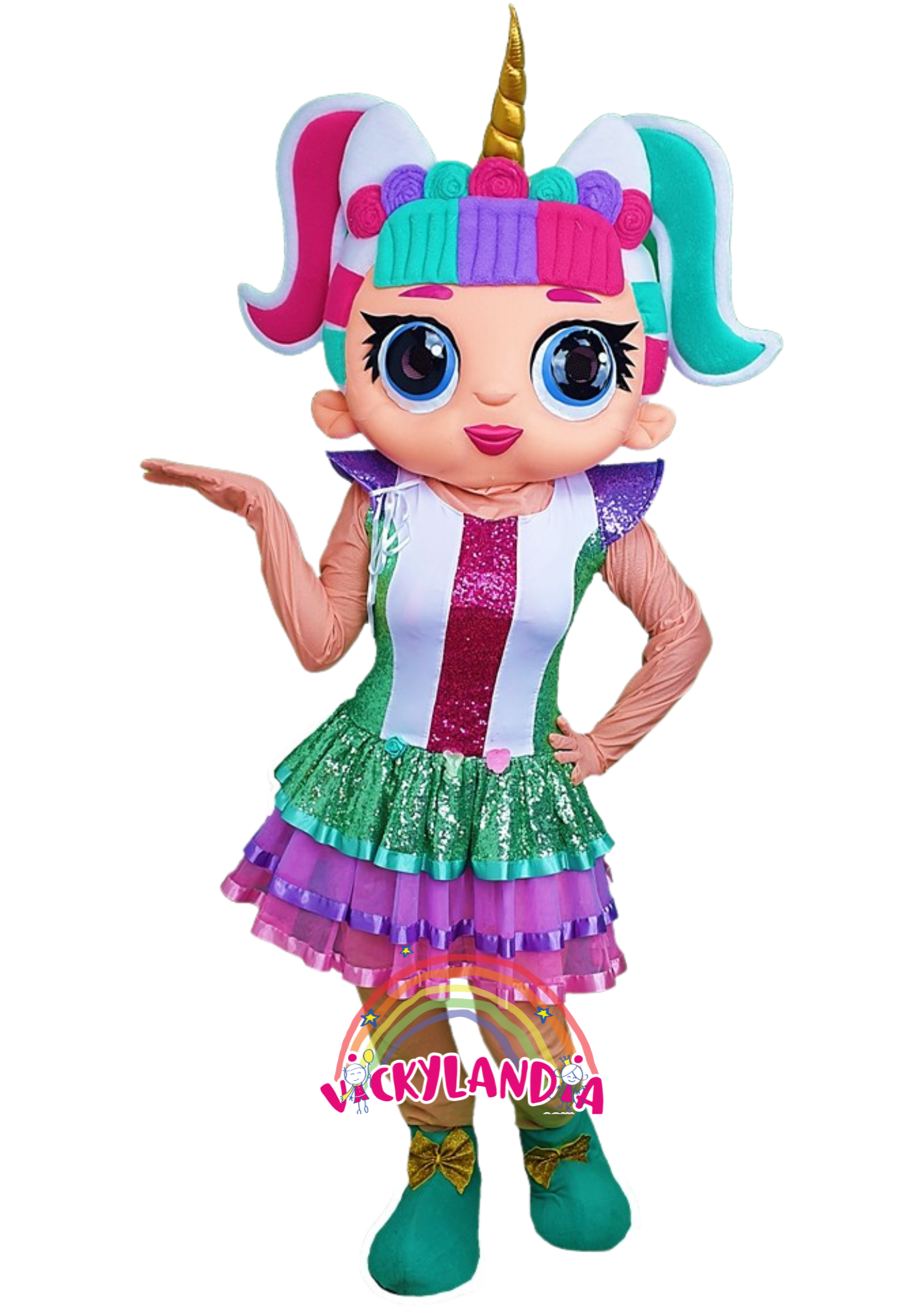Descubre la magia de nuestro muñeco publicitario de Muñeca Unicornio en Vickylandia. Son disfraces cabezones perfectos para fiestas infantiles, shows, cumpleaños, estrategias publicitarias, espectáculos, cabalgatas y cualquier tipo de evento.