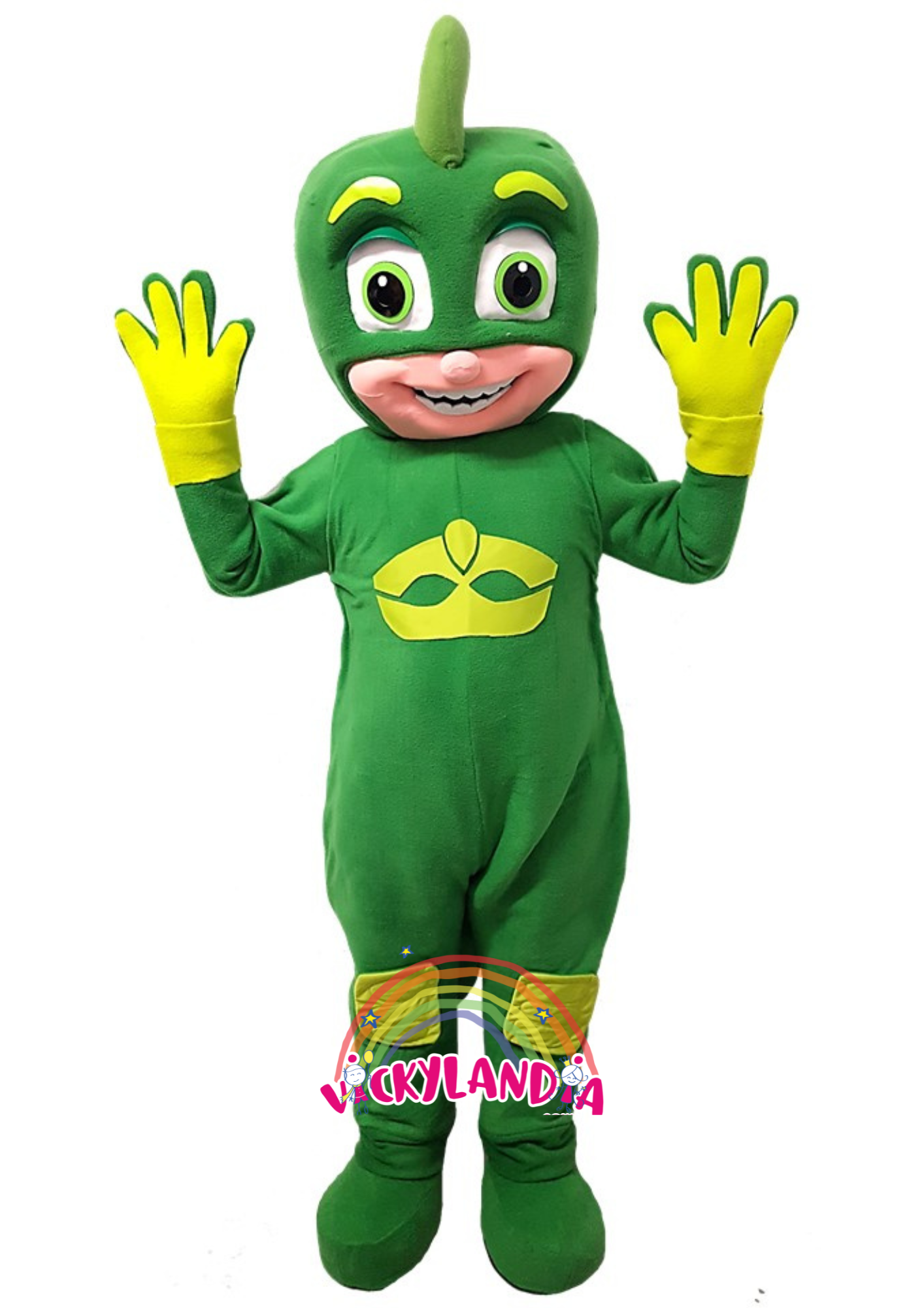 niño verde superhereo disfraz muñeco cabezon cabezudo botarga mascota publicitaria Peluches personalizados Merchandising corporativos  personalizados fabricante vickylandia