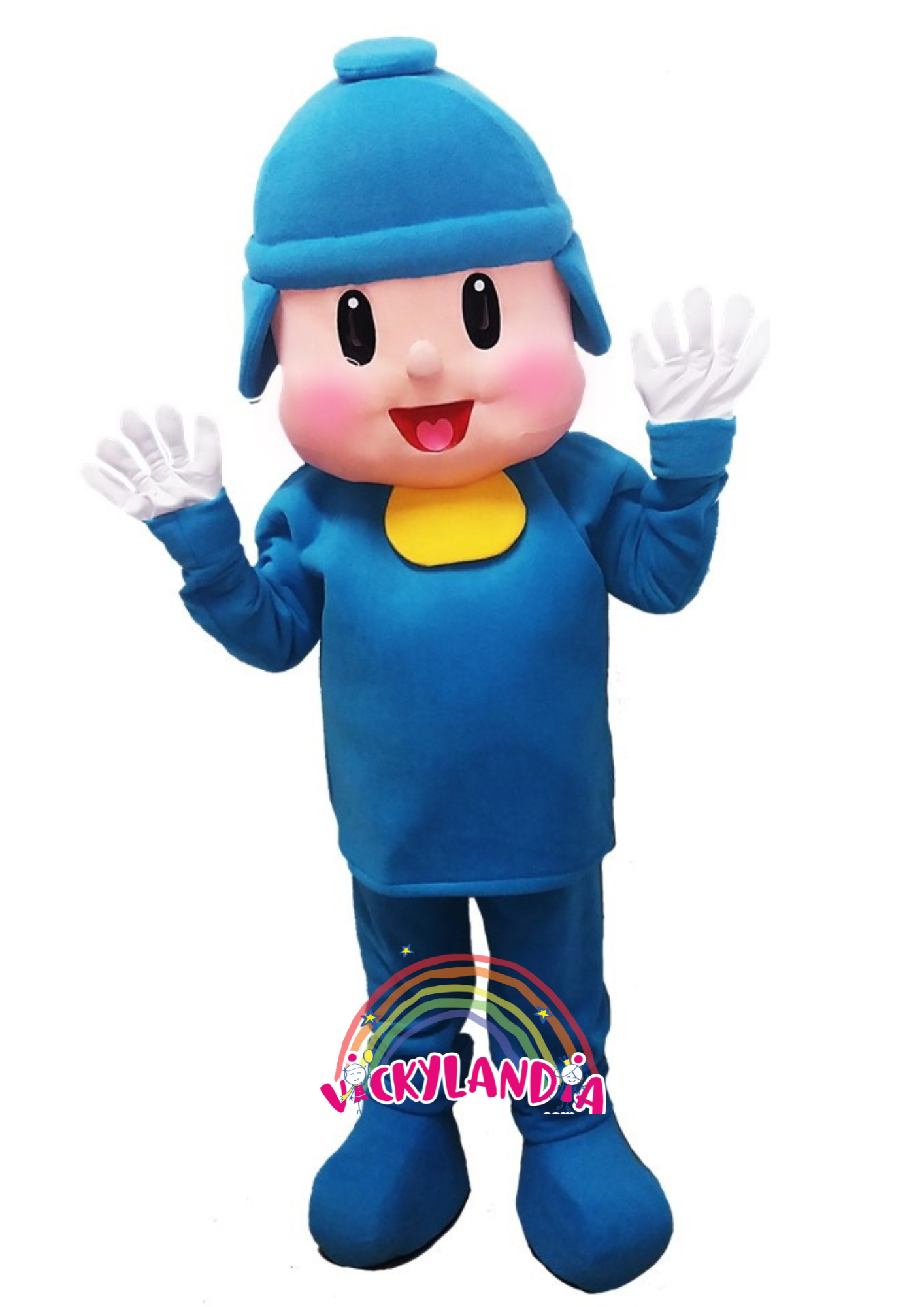 niño traje azul disfraz muñeco cabezon cabezudo botarga mascota publicitaria Peluches personalizados Merchandising corporativos personalizados Fabricante vickylandia